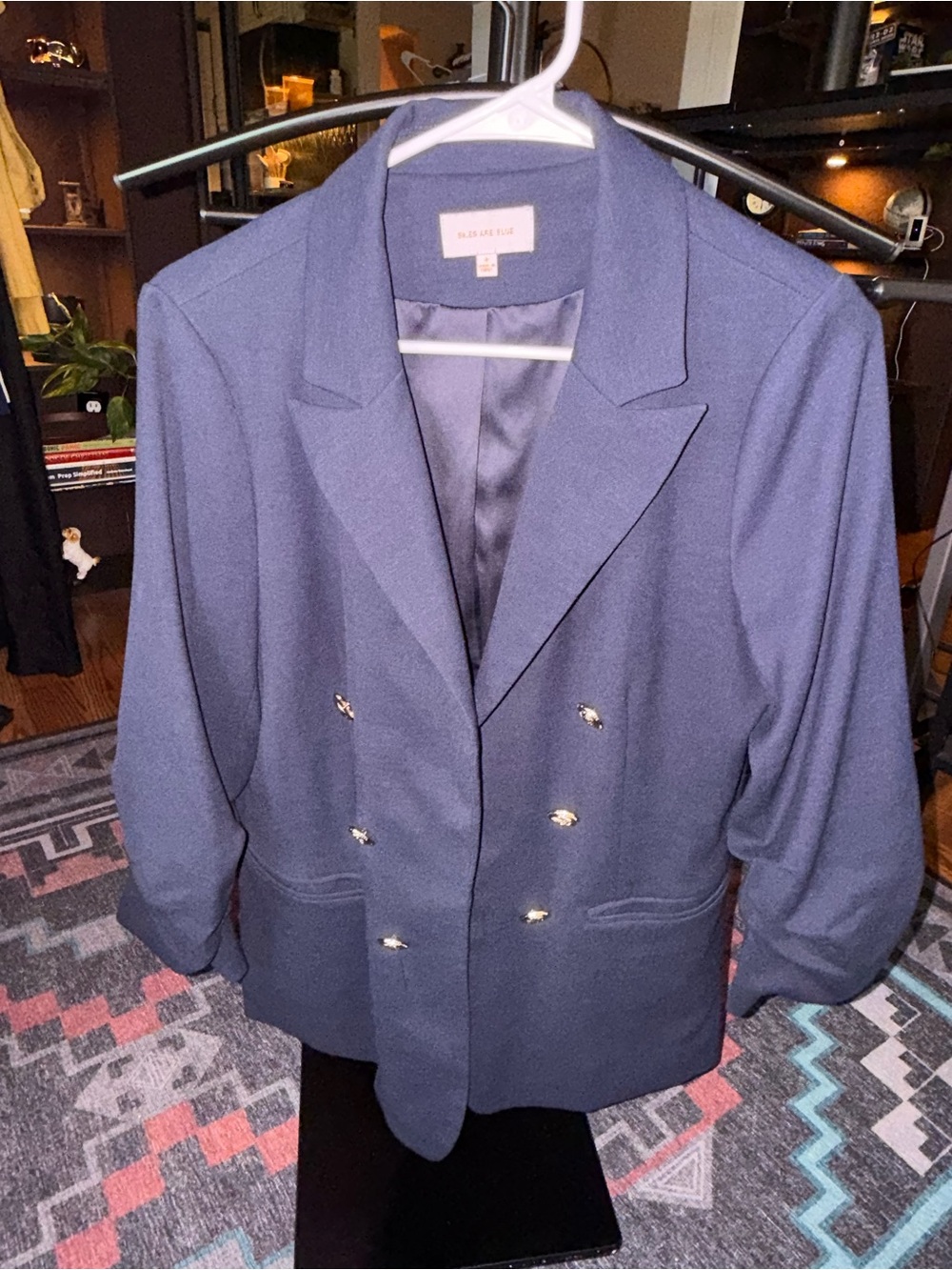 Skies Are Blue Double-Breasted Blue Blazer with Gold Buttons